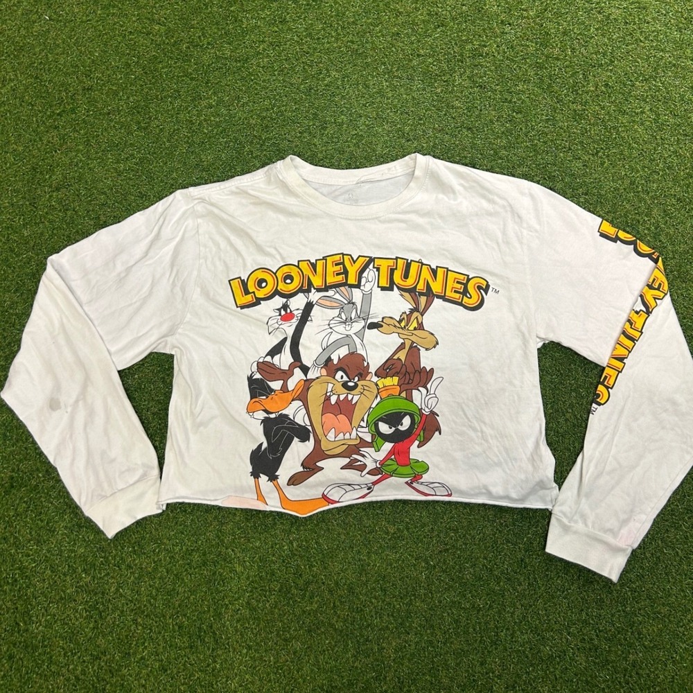 Looney Tunes White Long Sleeve Cropped Graphic Tee Shirt Bugs Bunny Taz L